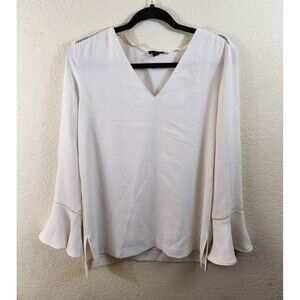 Ann Taylor Womens S White Long Bell Sleeve V-Neck Lightweight Blouse